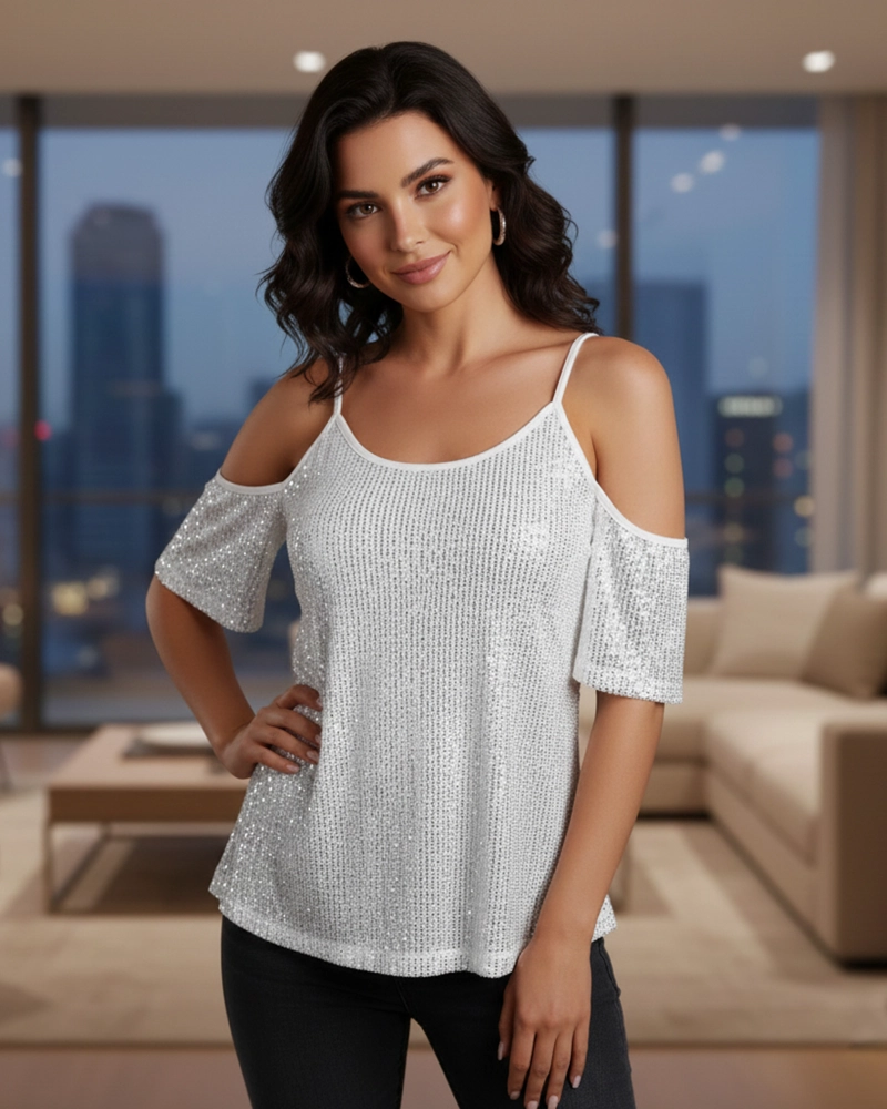 BLUSA DE VESTIR MUJER LENTEJUELAS BRILLOSAS ESTILO - 3