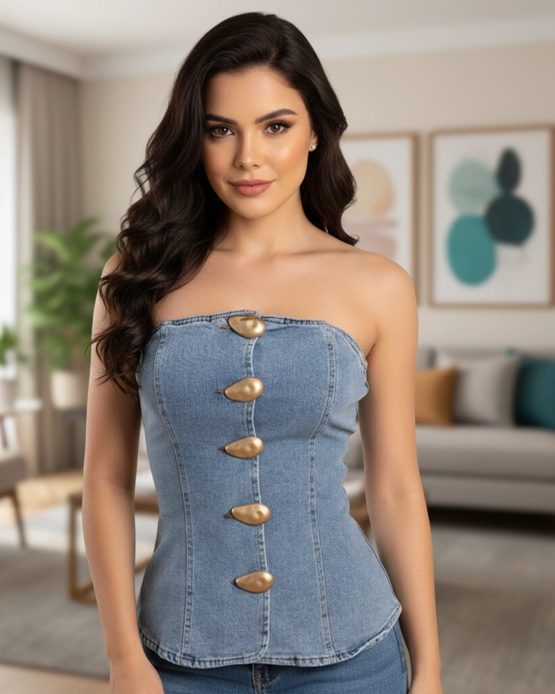 CORSET MEZCLILLA MUJER BOTONES DORADOS MODELADOR - 1