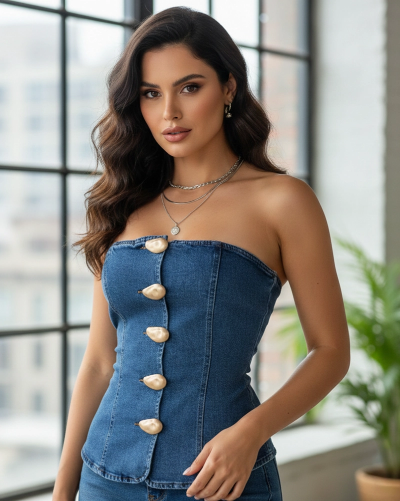 CORSET MEZCLILLA MUJER BOTONES DORADOS MODELADOR - 1