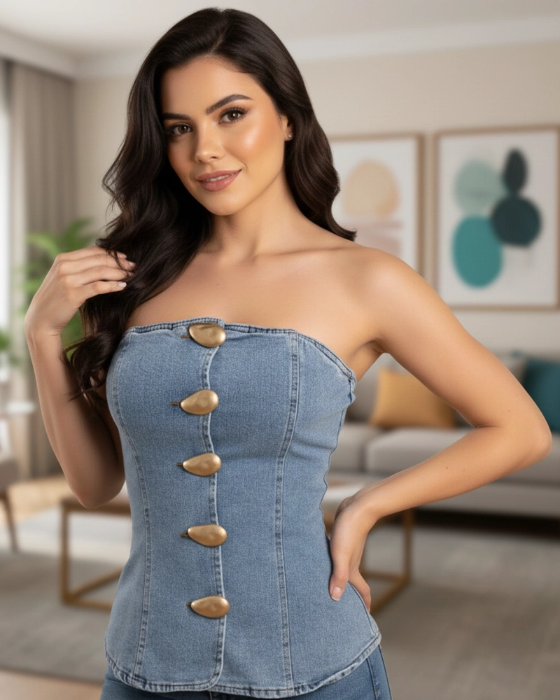 CORSET MEZCLILLA MUJER BOTONES DORADOS MODELADOR - 3