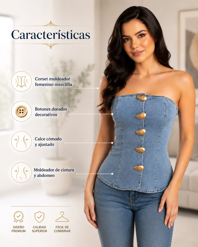 CORSET MEZCLILLA MUJER BOTONES DORADOS MODELADOR - 4