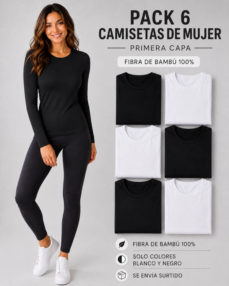PACK 6 CAMISETA DE MUJER PRIMERA CAPA - FIBRA DE BAMBU 100% - 3