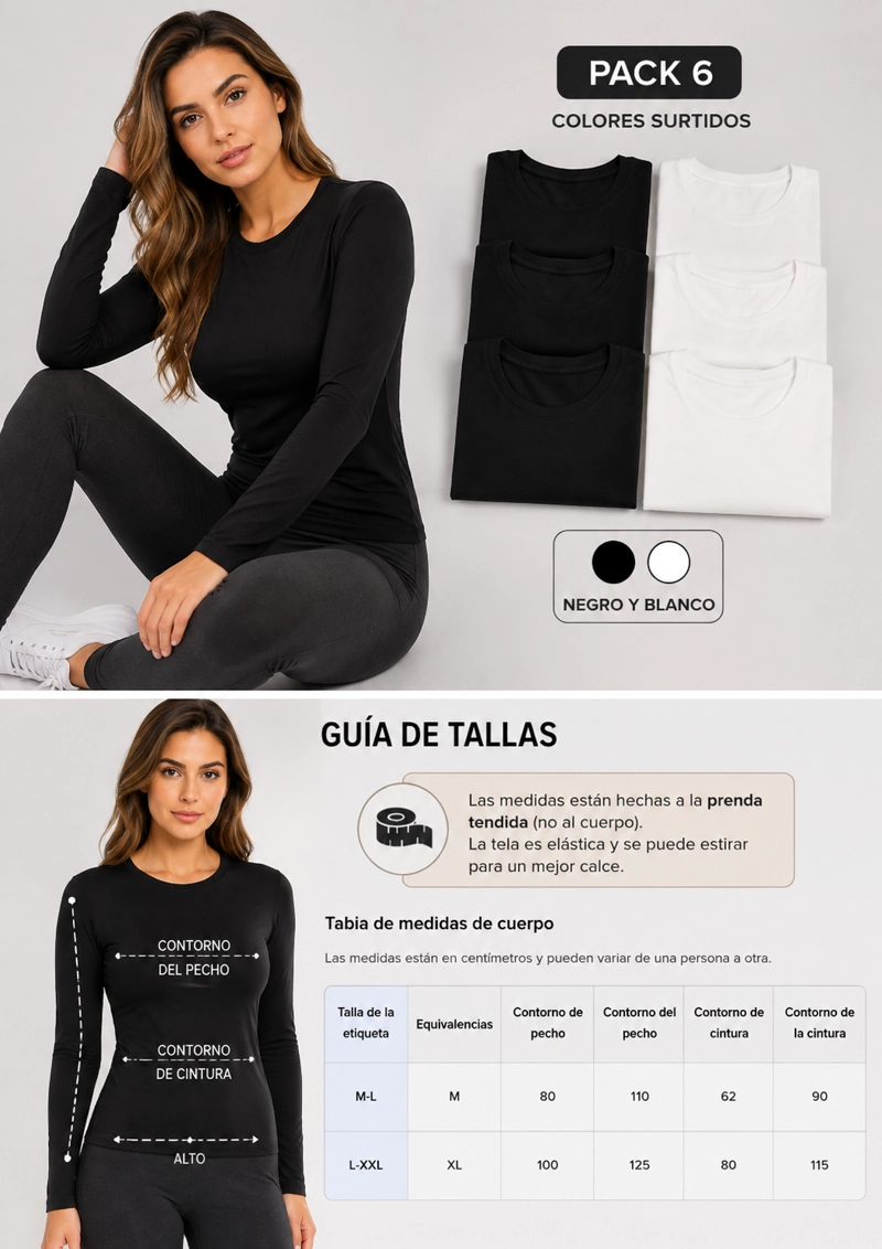 PACK 6 CAMISETA DE MUJER PRIMERA CAPA - FIBRA DE BAMBU 100% - 5
