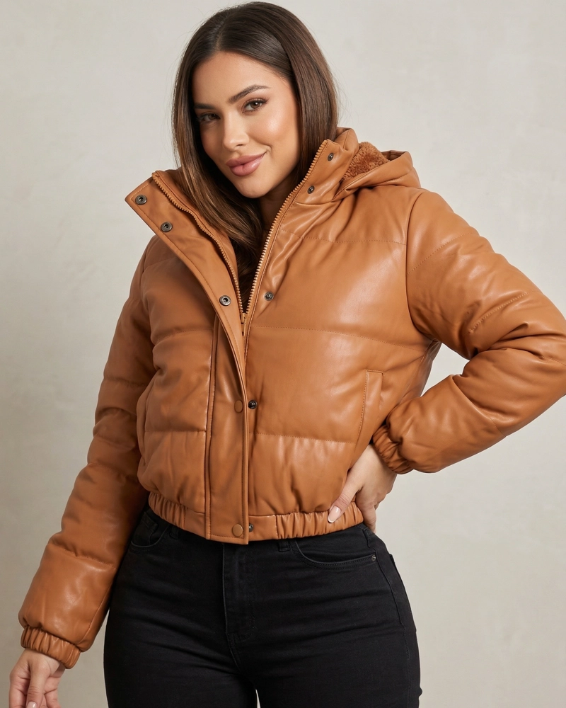 CHAQUETA MUJER PUFFER ECOCUERO CAMEL CROP TE RMICA - EBS5127 - 1