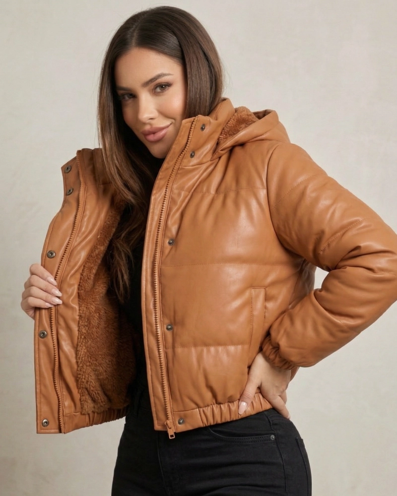 CHAQUETA MUJER PUFFER ECOCUERO CAMEL CROP TE RMICA - EBS5127 - 2