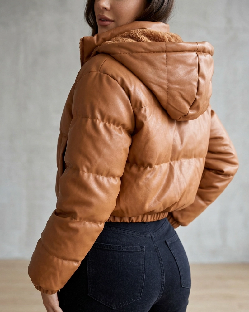 CHAQUETA MUJER PUFFER ECOCUERO CAMEL CROP TE RMICA - EBS5127 - 3