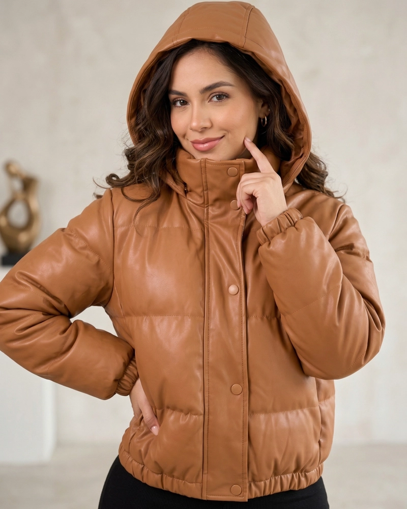CHAQUETA MUJER PUFFER ECOCUERO CAMEL CROP TE RMICA - EBS5127 - 4