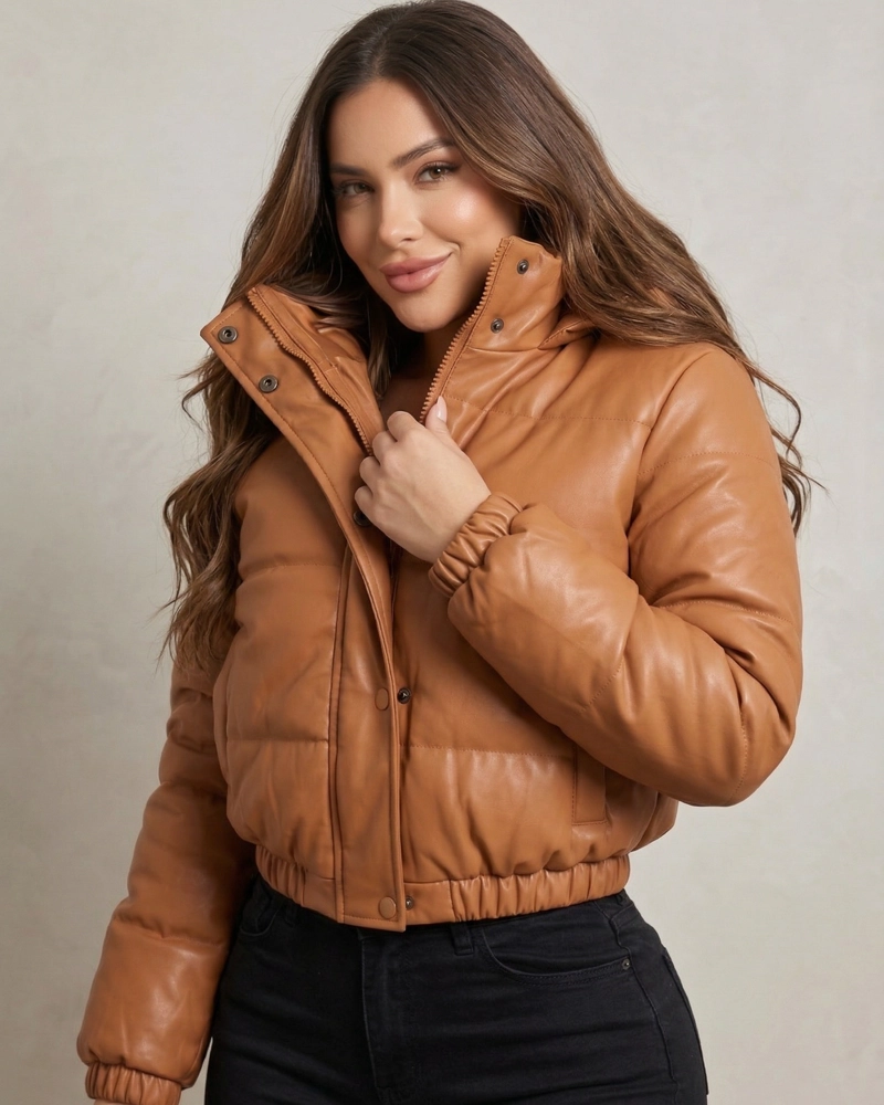 CHAQUETA MUJER PUFFER ECOCUERO CAMEL CROP TE RMICA - EBS5127 - 7