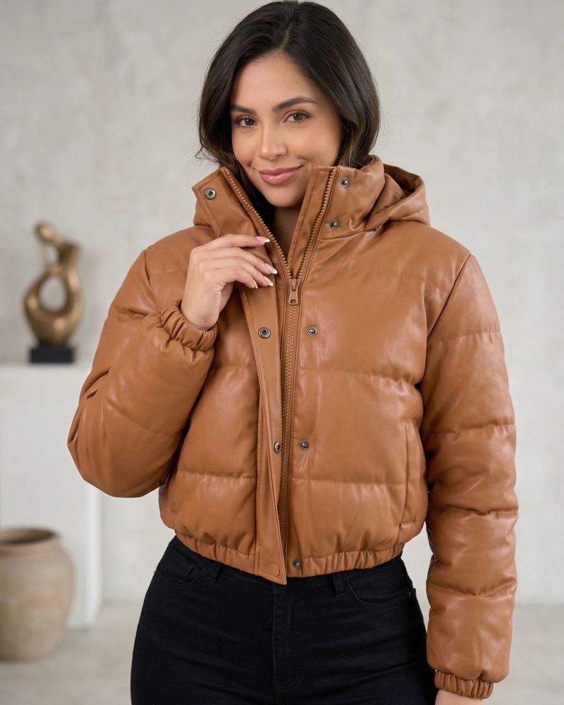 CHAQUETA MUJER PUFFER ECOCUERO CAMEL CROP TE RMICA - EBS5127 - 8