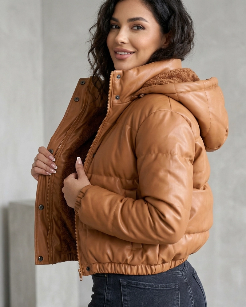 CHAQUETA MUJER PUFFER ECOCUERO CAMEL CROP TE RMICA - EBS5127 - 9