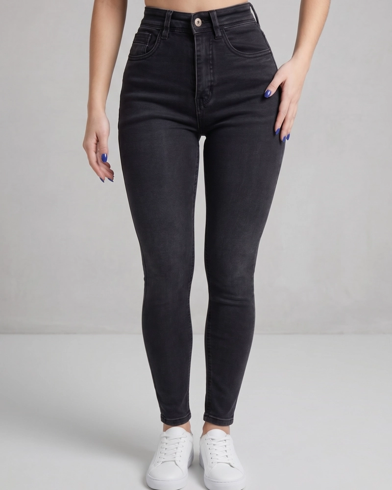 PANTALON NEGRO PRELAVADO PITILLO TIRO ALTO - 1