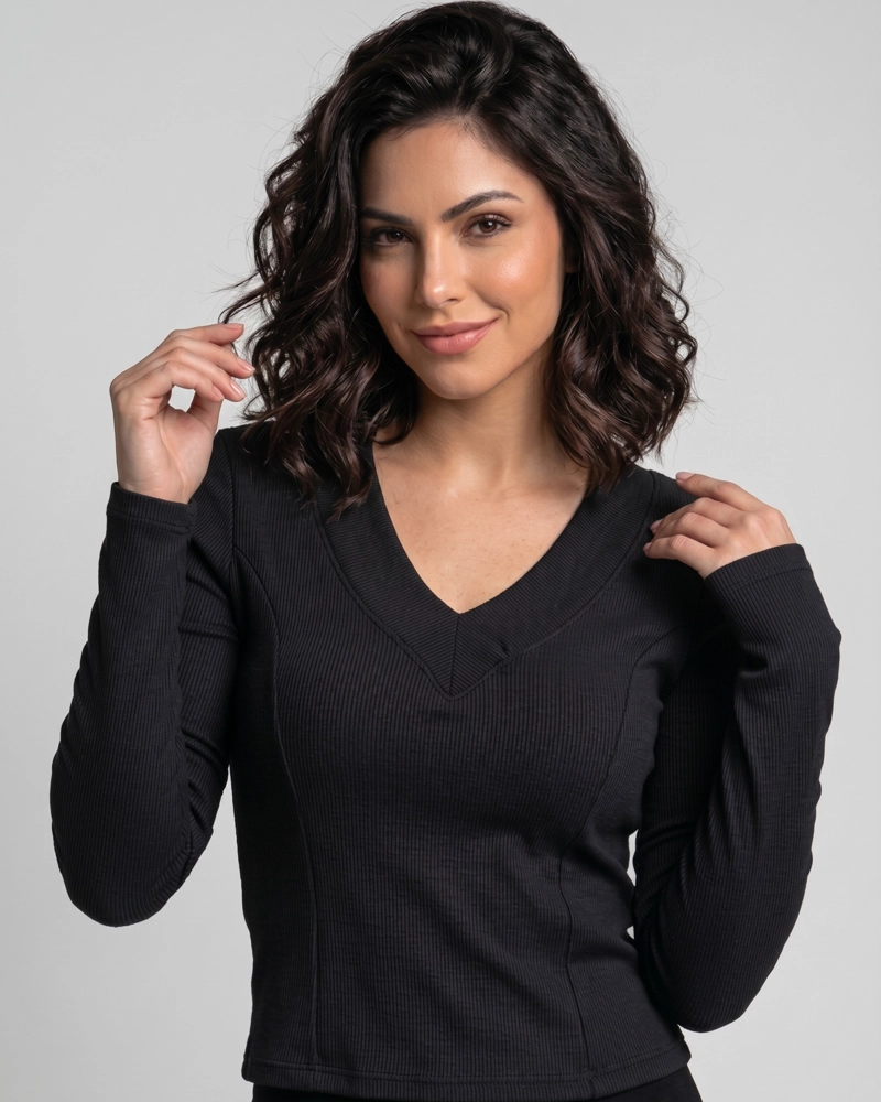 POLERA MUJER RIB CON COPAS DE REALCE Y CUELLO V - YY635 - 1