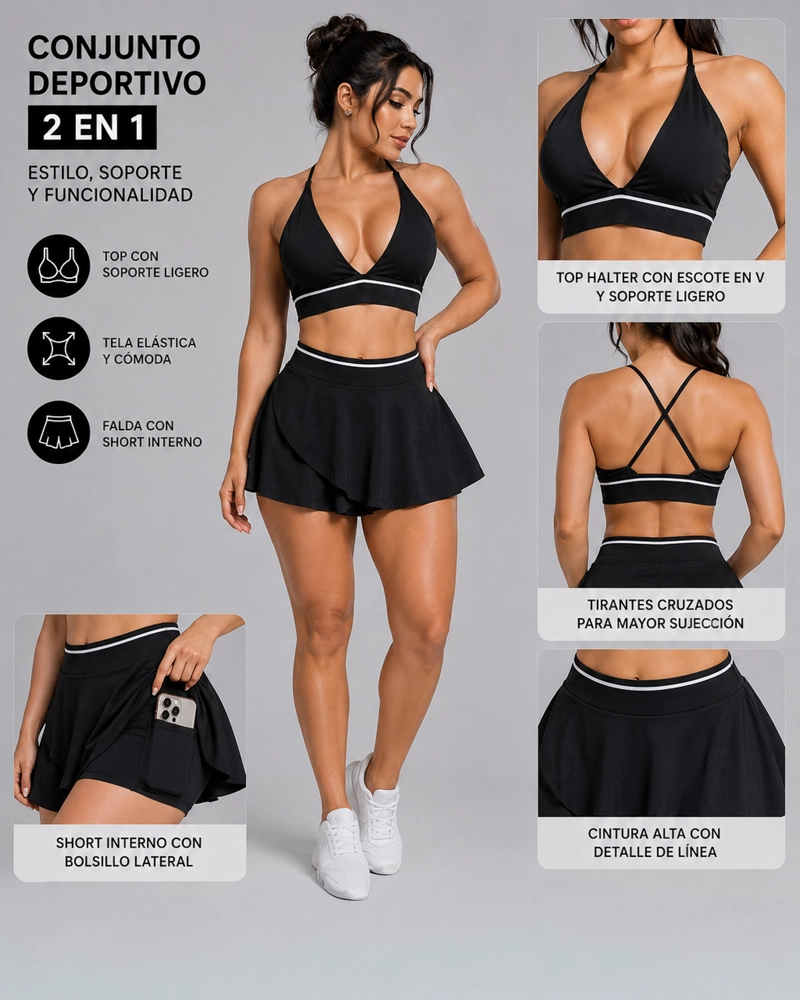 SET DEPORTIVO FALDA SHORT Y TOP CRUZADO DISEÑO GYM COMODO - 2
