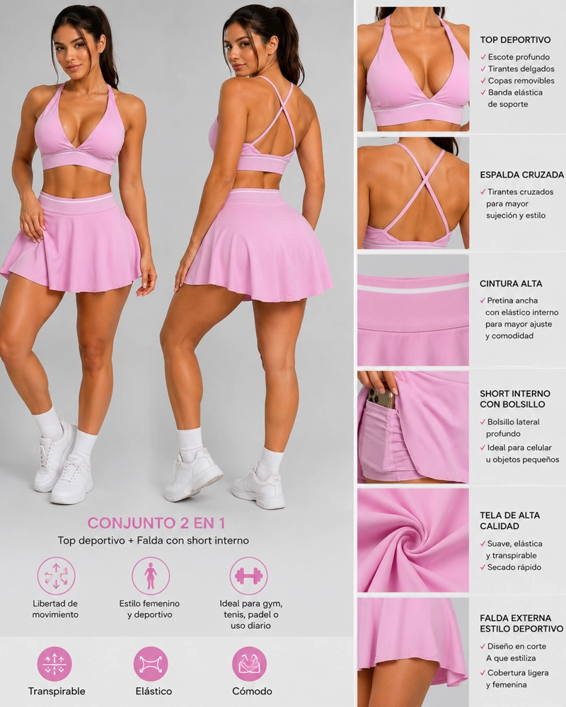 SET DEPORTIVO FALDA SHORT Y TOP CRUZADO DISEÑO GYM COMODO - 2