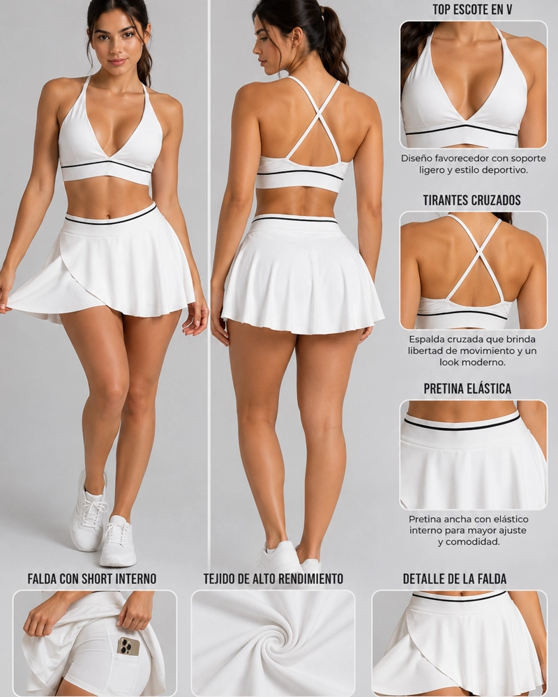SET DEPORTIVO FALDA SHORT Y TOP CRUZADO DISEÑO GYM COMODO - 2