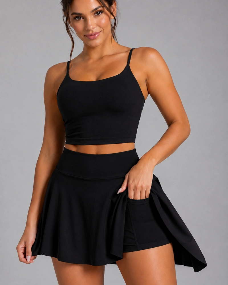 CONJUNTO FITNESS MUJER FALDA SHORT CON BOLSILLO Y PETO DEPORTIVO - 3