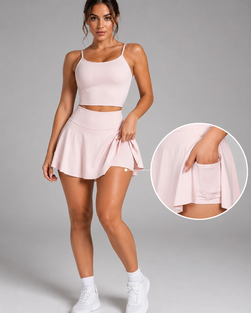 CONJUNTO FITNESS MUJER FALDA SHORT CON BOLSILLO Y PETO DEPORTIVO - 4