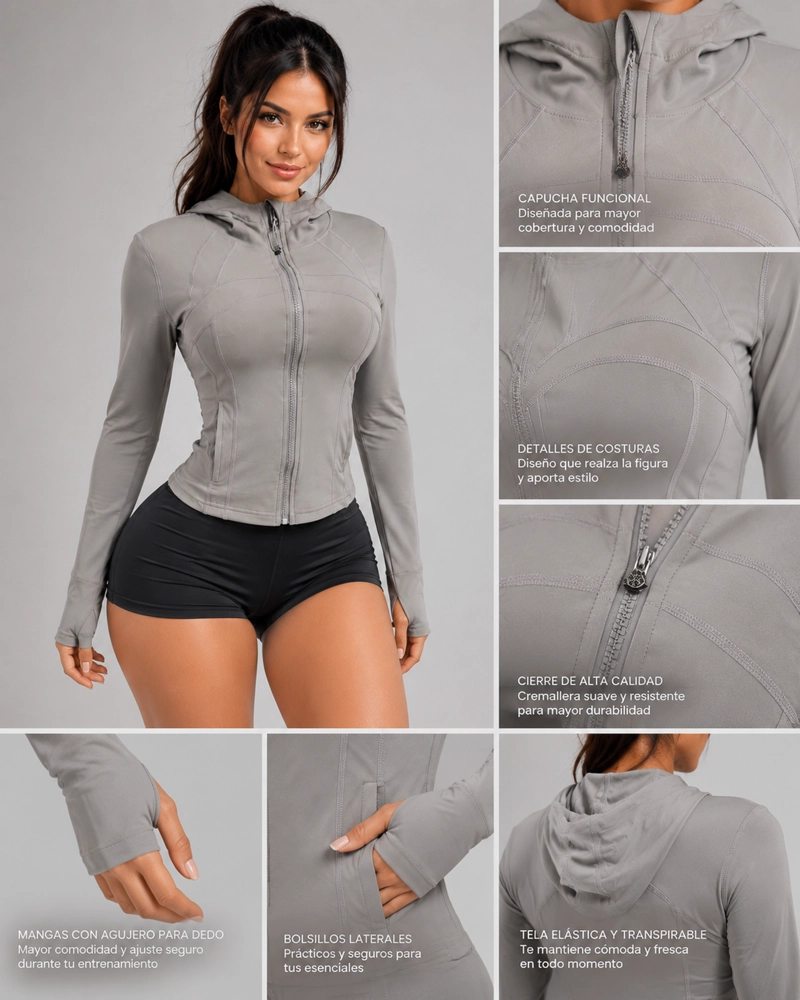 CHAQUETA SLIM FIT MUJER ENTRENAMIENTO YOGA CON CAPUCHA Y PASADEDO - 4