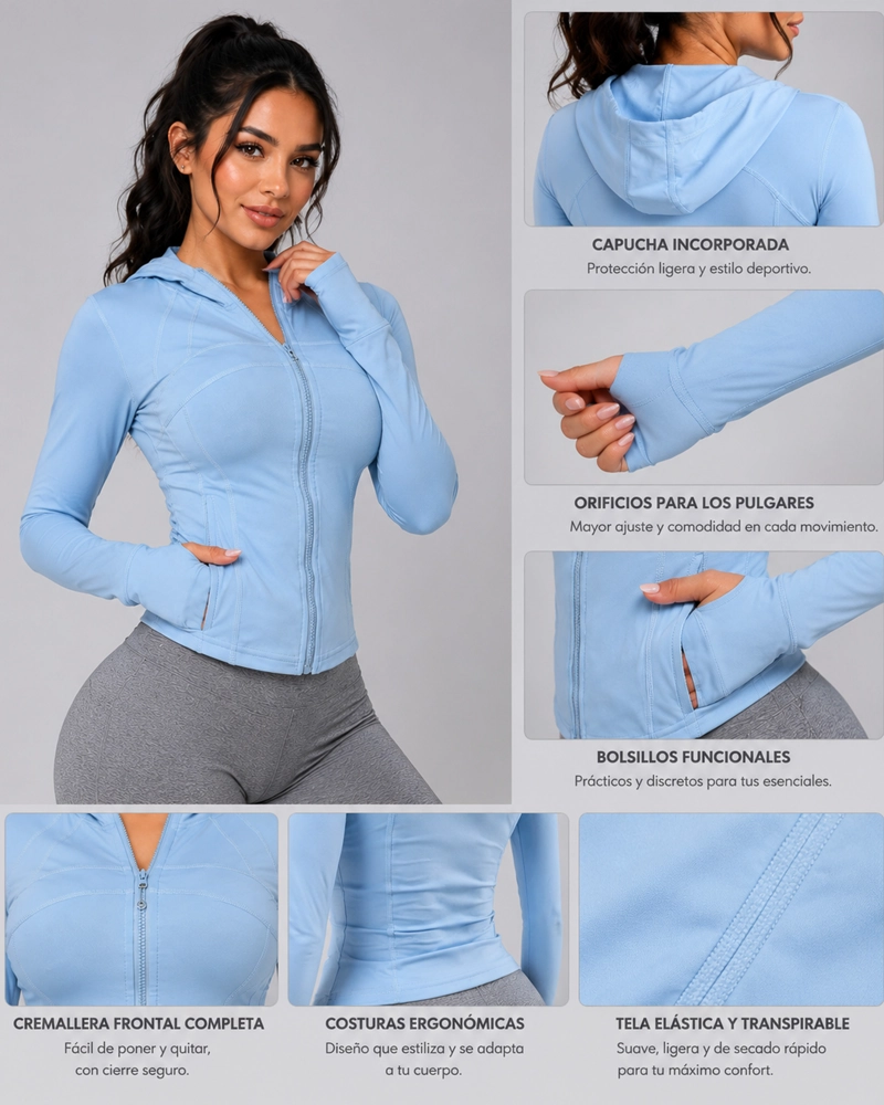CHAQUETA SLIM FIT MUJER ENTRENAMIENTO YOGA CON CAPUCHA Y PASADEDO - 5