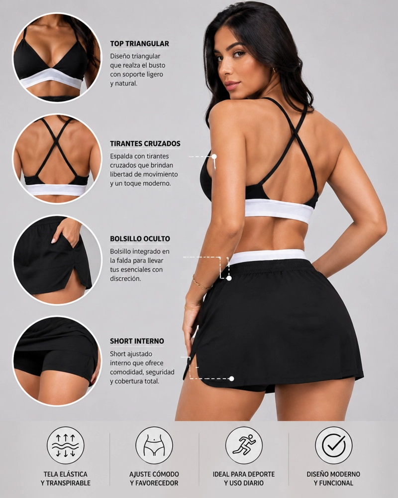 CONJUNTO DEPORTIVO 2 PIEZAS TOP Y FALDA SHORT CON CALZA INTERIOR - 2