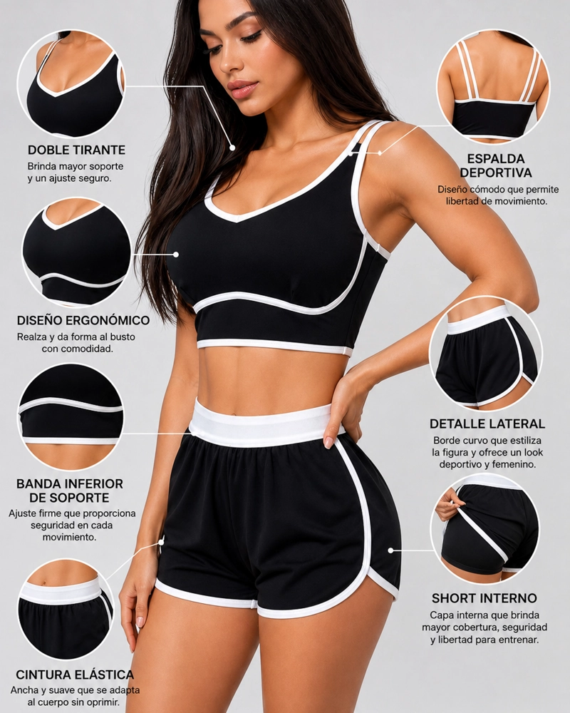 CONJUNTO DEPORTIVO MUJER SHORT Y TOP GYM LINEAS RETRO - 3