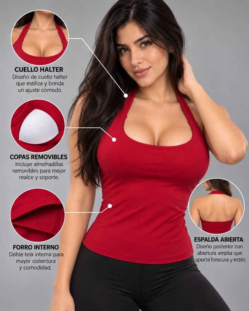 TOP POLERA DEPORTIVA MUJER HALTER ESPALDA DESCUBIERTA GYM - 4