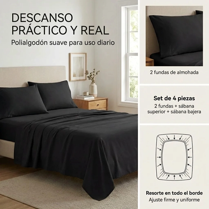 JUEGO DE SABANAS NEGRA 2 PLAZAS 4 PIEZAS - 2