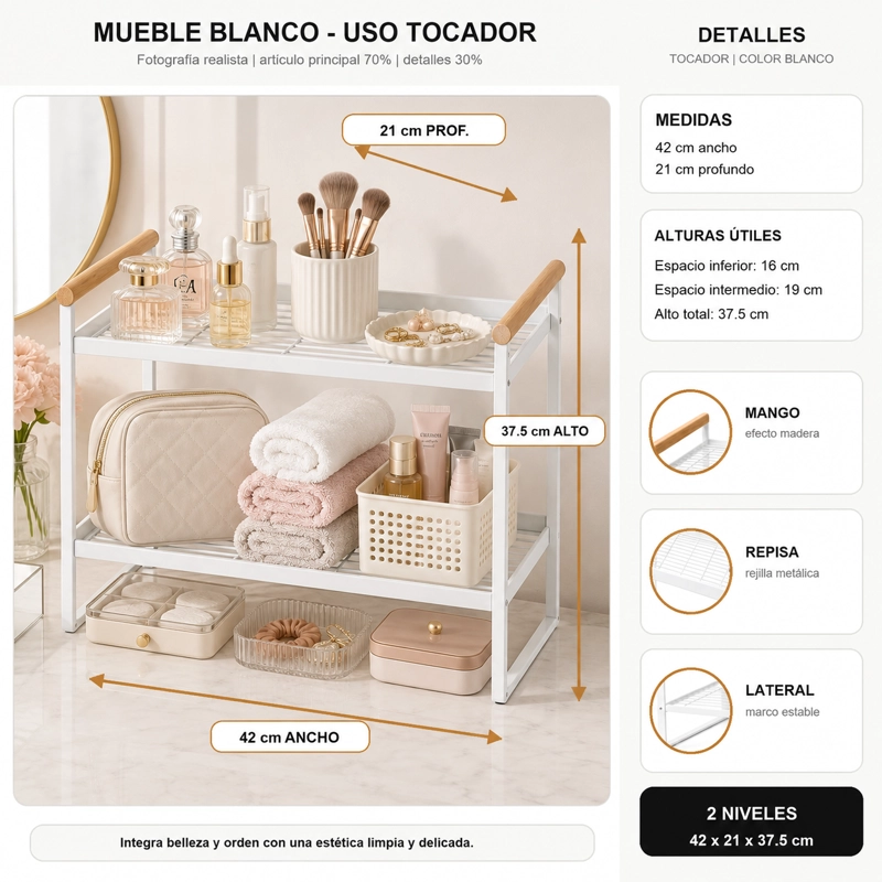 ESTANTE AUXILIAR DE METAL 2 NIVELES BLANCO PLANTA 125 - 2