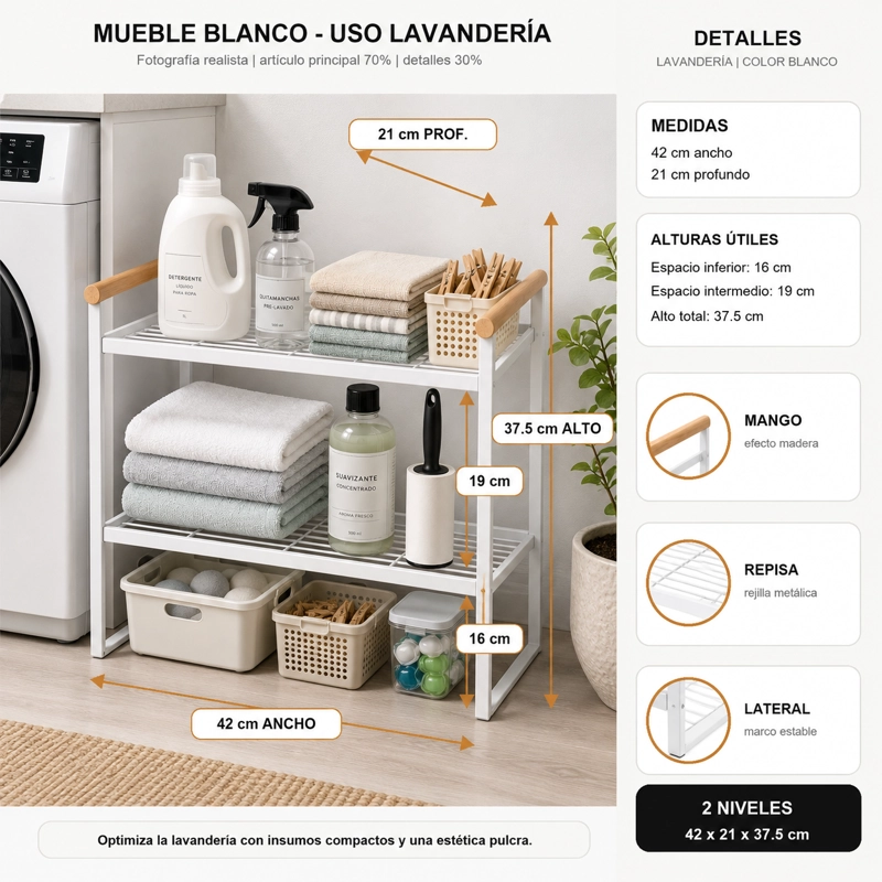 ESTANTE AUXILIAR DE METAL 2 NIVELES BLANCO PLANTA 125 - 3