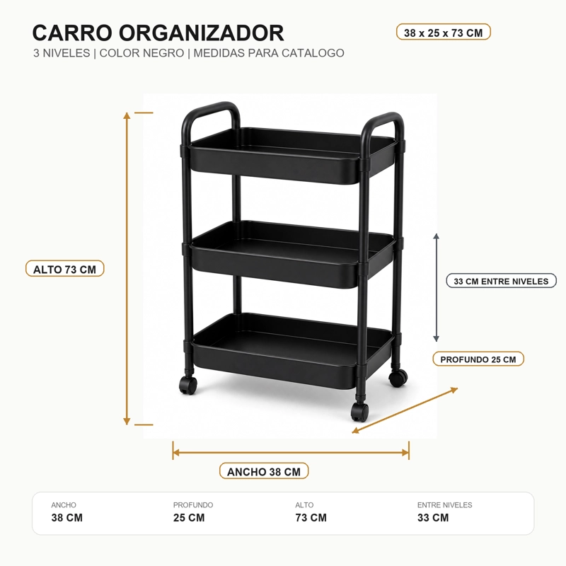 ORGANIZADOR CON RUEDA BAÑO 3 NIVELES NEGRO PLASTICO 800 - 7