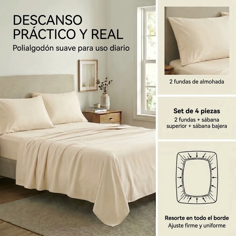 JUEGO DE SABANAS CREMA 2 PLAZAS 4 PIEZAS 044 ELEGANTE - 6