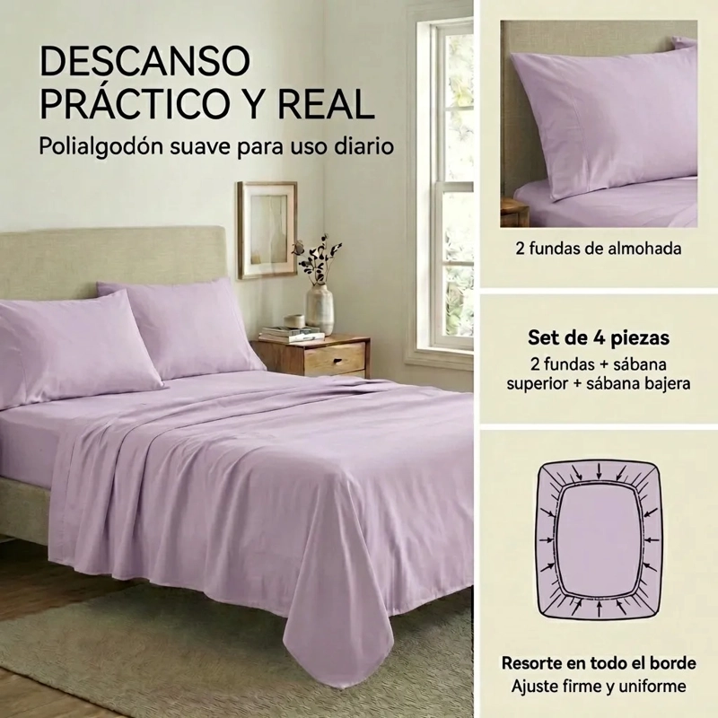 JUEGO DE SABANAS LILA 2 PLAZAS  4 PIEZAS - 3