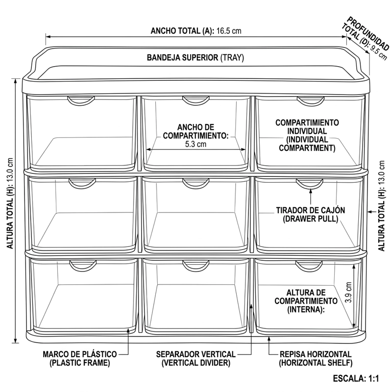 ORGANIZADOR MINI MUEBLE 3X3 TRANSPARENTES LAPICES UTILES - 8