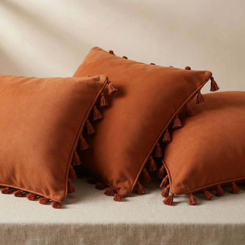 PACK 3 FUNDAS PARA COJIN 45X45 CM DECORATIVAS CON BORLAS CAFE - 1