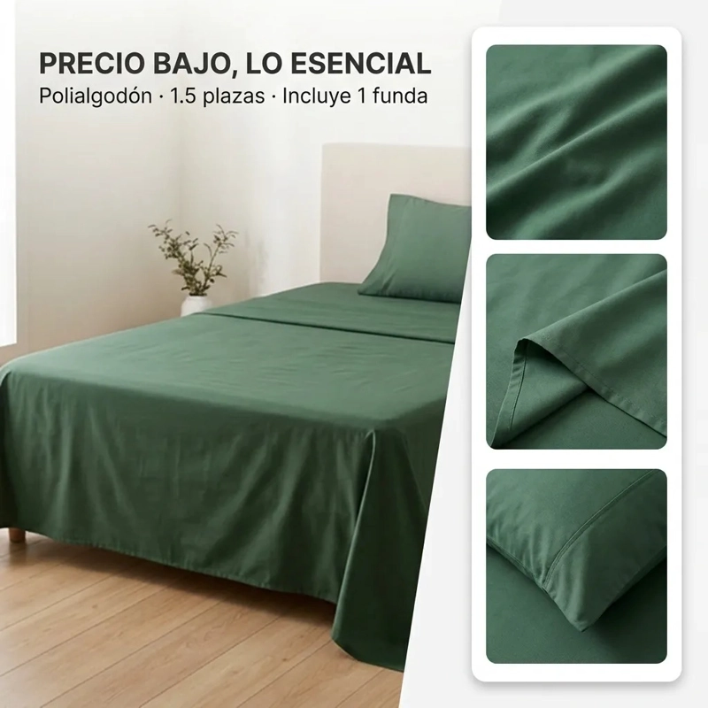 JUEGO DE SABANA VERDE OSCURO PLAZA Y MEDIA 3 PIEZAS - 2