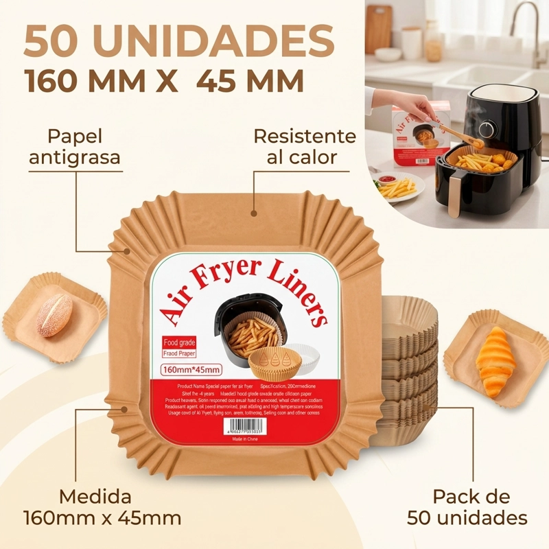 MOLDES DE PAPEL 50 UN PARA FREIDORA DE AIRE 160 X 45 MM CUADRADO CALIDAD PREMIUM - 4