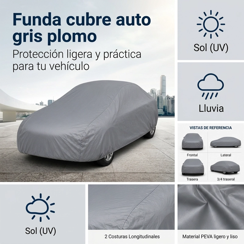 FUNDA CUBRE AUTO GRIS PLOMO PROTECTORA SOLUTO DISEÑO MODERNO - 6