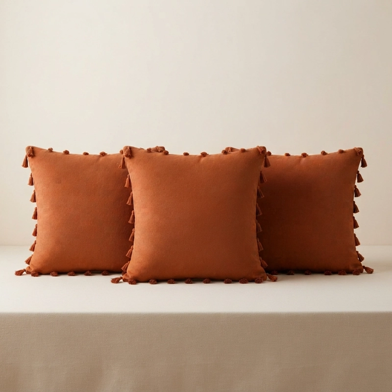 3 FUNDAS DECORATIVAS PARA COJIN 45X45 CM COLOR MARRON CON BORLAS - 8