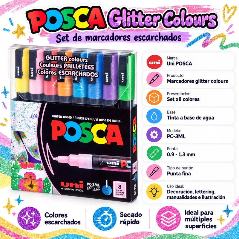 SET MARCADORES POSCA 3M 8 COLORES GLITTER - 3