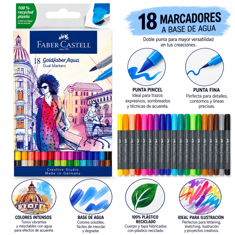 MARCADOR FABER-CASTELL DUAL GOLDFABER AQUA X18 COLORES - 3