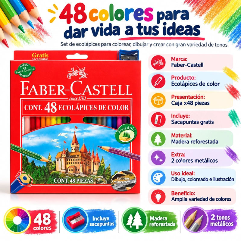 ECO LÁPICES FABER-CASTELL X48 COLORES + SACAPUNTAS - 3