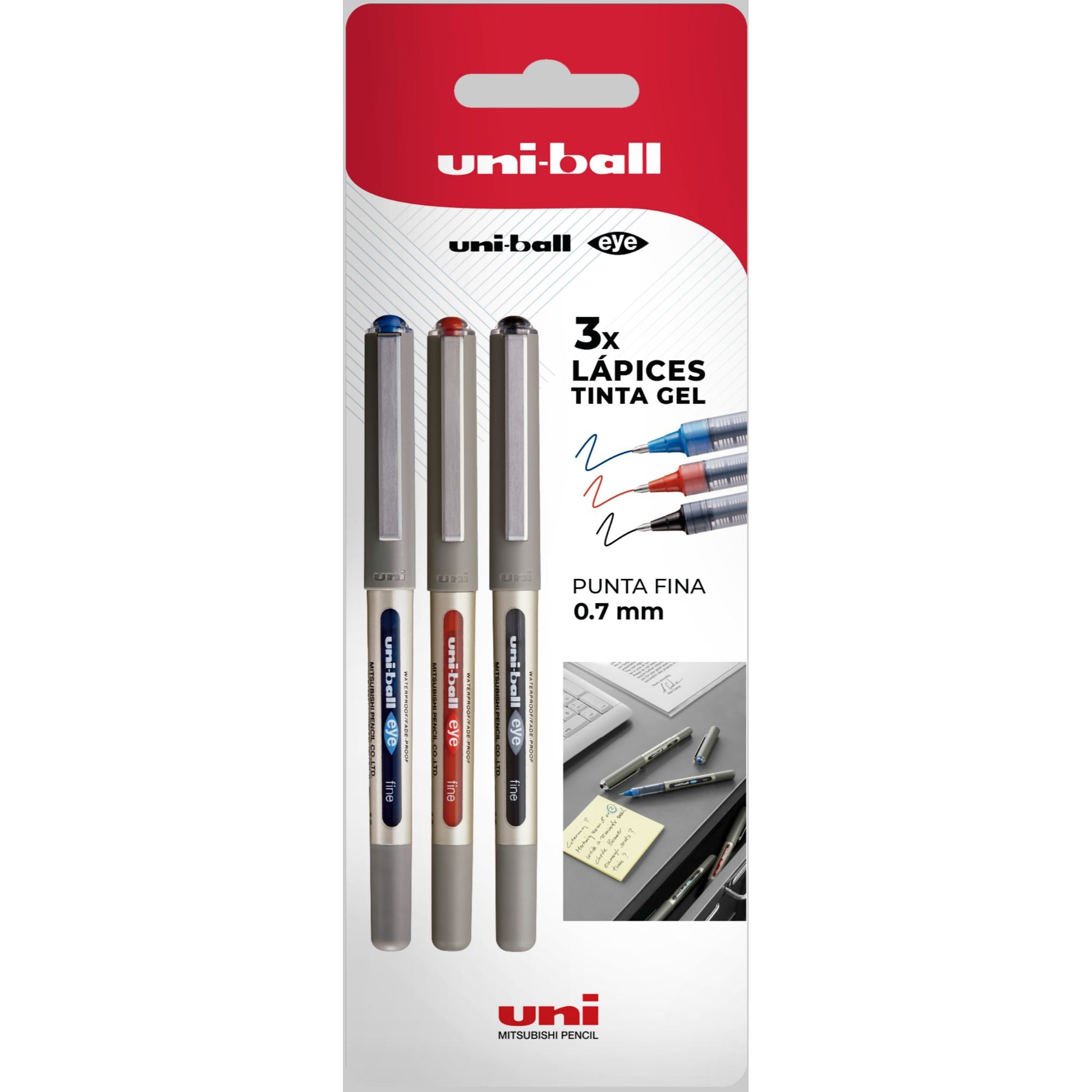 LÁPICES GEL UNIBALL EYE BC X3 COLORES AZUL ROJO NEGRO - 1