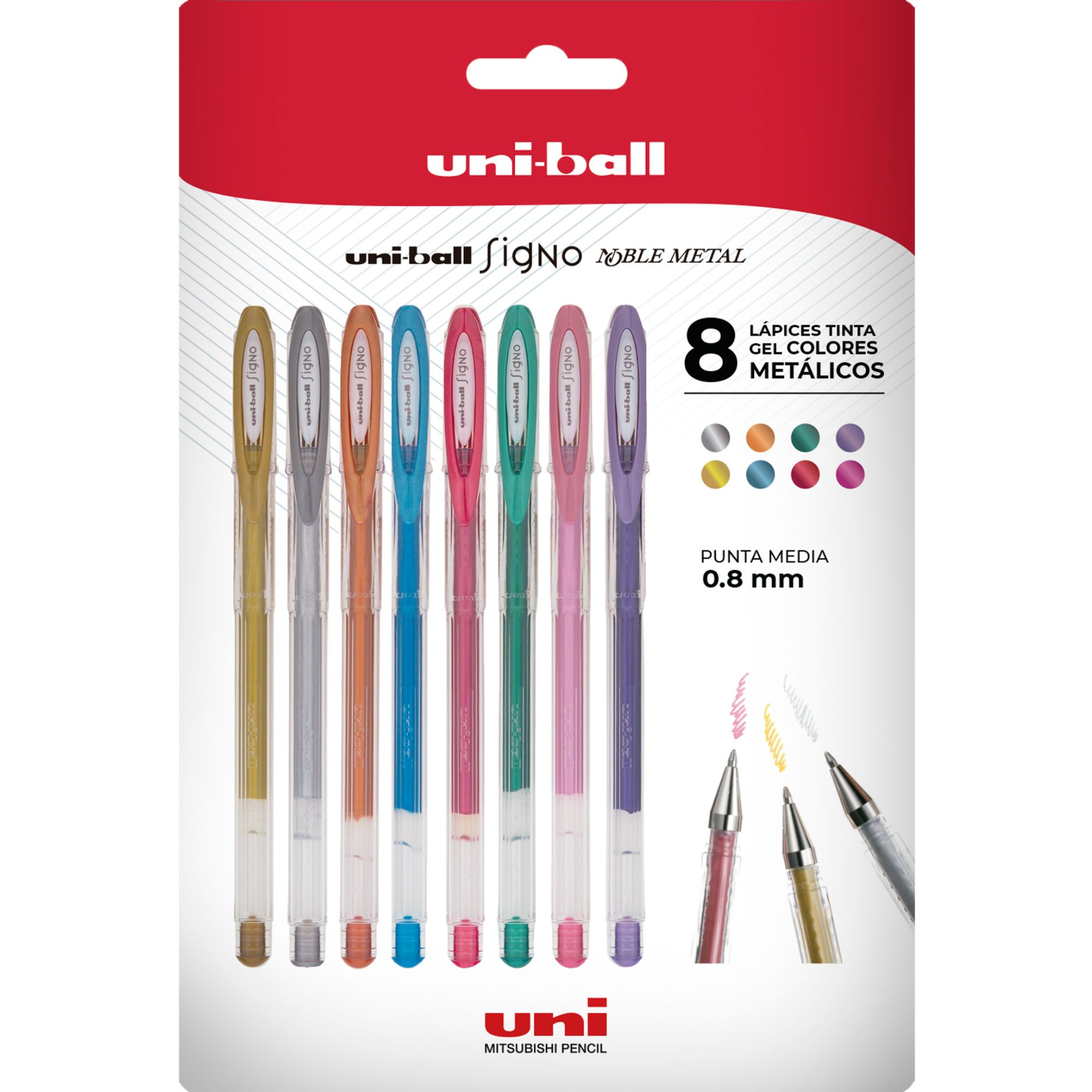 LAPICES GEL UNIBALL SIGNO-120 X8 COLORES METALICOS - 1
