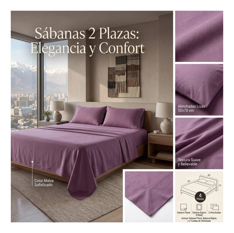 JUEGO DE SABANAS ALGODON 800H 2 PLAZAS MALVA - 3