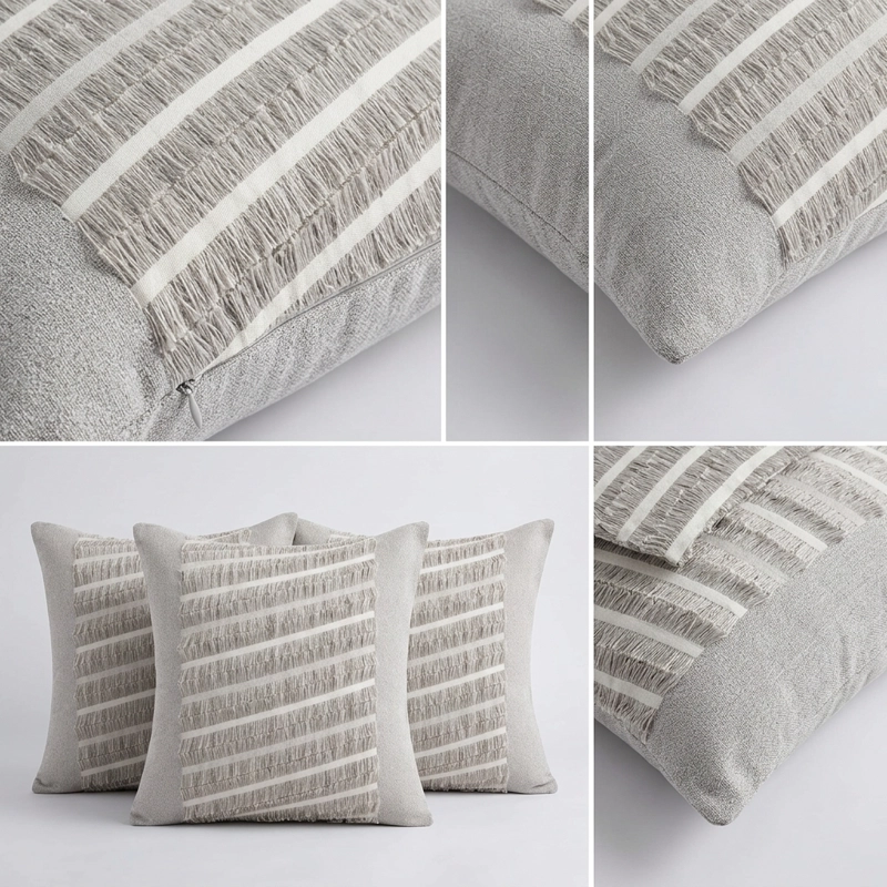 PACK 3 FUNDAS DE COJIN DECORATIVAS GRIS CON FRANJAS Y FLECOS 45 CM 768 - 1