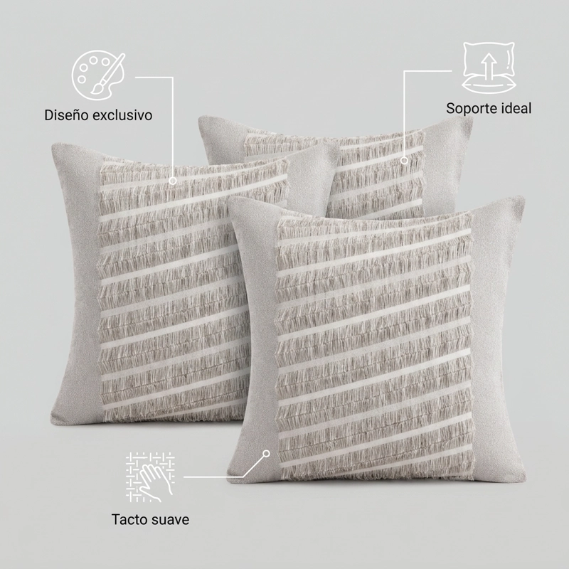 PACK 3 FUNDAS DE COJIN DECORATIVAS GRIS CON FRANJAS Y FLECOS 45 CM 768 - 4