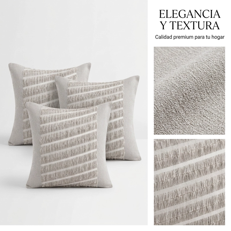 PACK 3 FUNDAS DE COJIN DECORATIVAS GRIS CON FRANJAS Y FLECOS 45 CM 768 - 7