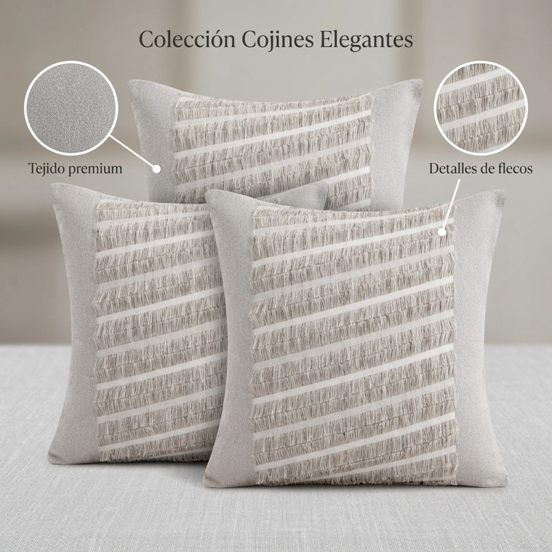 FUNDA DE COJIN POLIE STER GRIS CON FRANJAS Y FLECOS 45X45 MODELO 768 3 UNIDS - 6