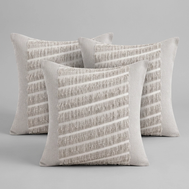 FUNDA DE COJIN POLIE STER GRIS CON FRANJAS Y FLECOS 45X45 MODELO 768 3 UNIDS - 8