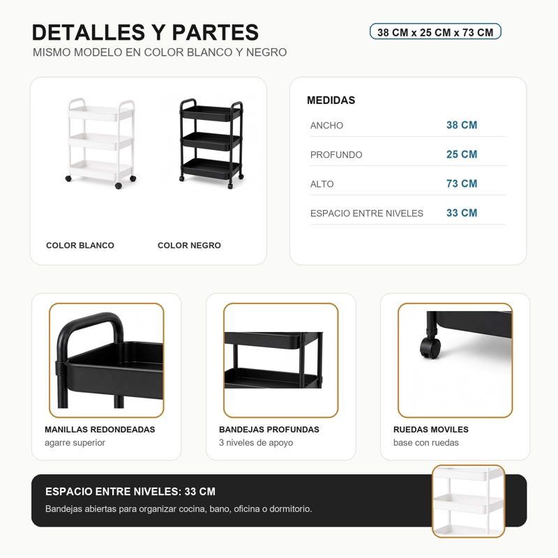 ORGANIZADOR CON RUEDA 3 NIVELES NEGRO PLASTICO 800 - 8